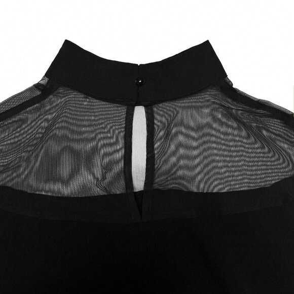 Black Casual Women's Stand Collar Sheer Yoke Short Sleeve Cape Blouse - Picture 7 of 7